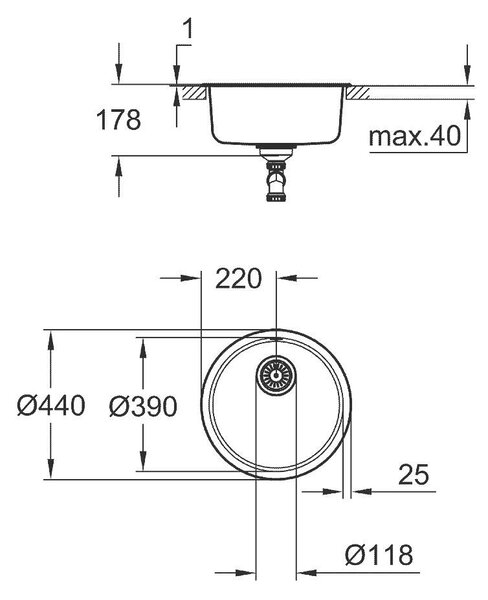 Grohe K200 Кухненска мивка от неръждаема стомана, кръгла, единична