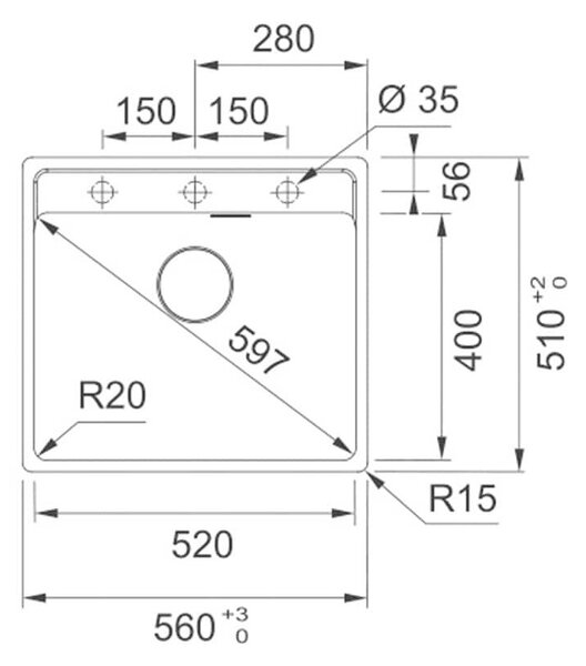 Гранитна мивка Maris, единична, над плот, 560х510, цвят ONYX