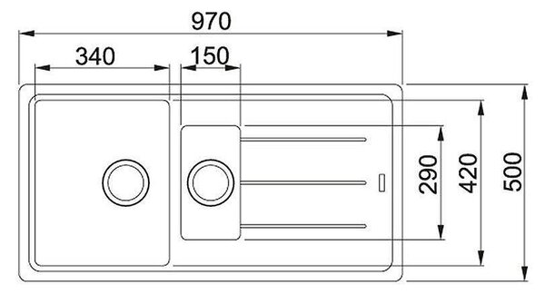 Гранитна мивка Inset, 2 корита, 970×500 мм, реверсивен отцедник