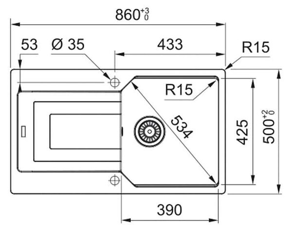 Гранитна мивка INSET Maris, 860×500, двустранен отцедник, цвят Onyx