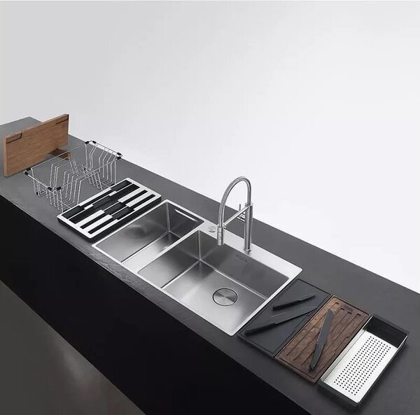 Иноксова двукоритна мивка Box Center, над плот, 860×510, с аксесоари в лява вана