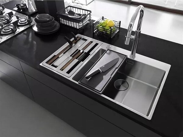 Иноксова двукоритна мивка Box Center, над плот, 860×510, с аксесоари в лява вана