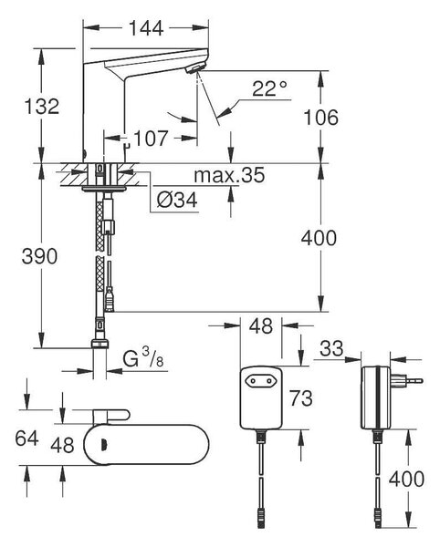 Grohe eлектронен смесител за умивалник с ръкохватка за температура, ток 230V