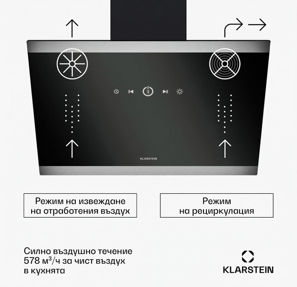 Klarstein Аспиратор FlashLine, A++, 578 m³/h, 3 нива, докосване, безшумен, LED, извличане / рециркулация, 100 W