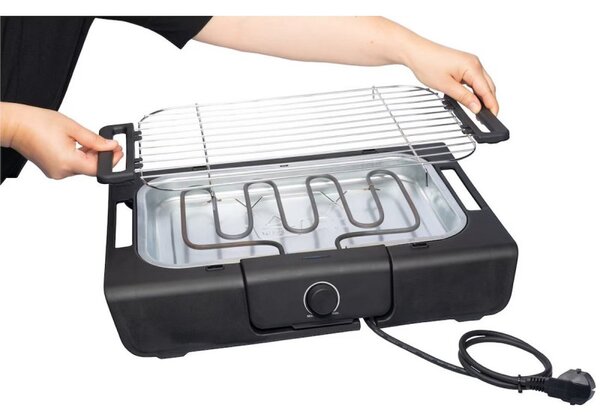Електрическа скара Royalty Line RL-SBGT2000, 2000W, 38х28 см, Сгъваема стойка, 200C, Термостат, Тава за отцеждане, Черен