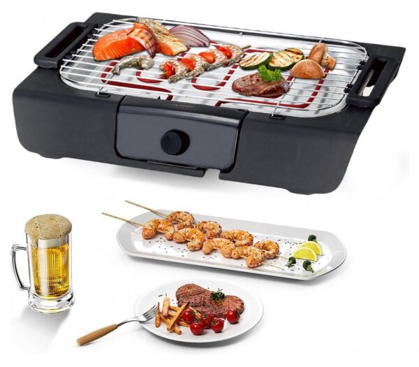 Електрическа скара Royalty Line RL-SBGT2000, 2000W, 38х28 см, Сгъваема стойка, 200C, Термостат, Тава за отцеждане, Черен