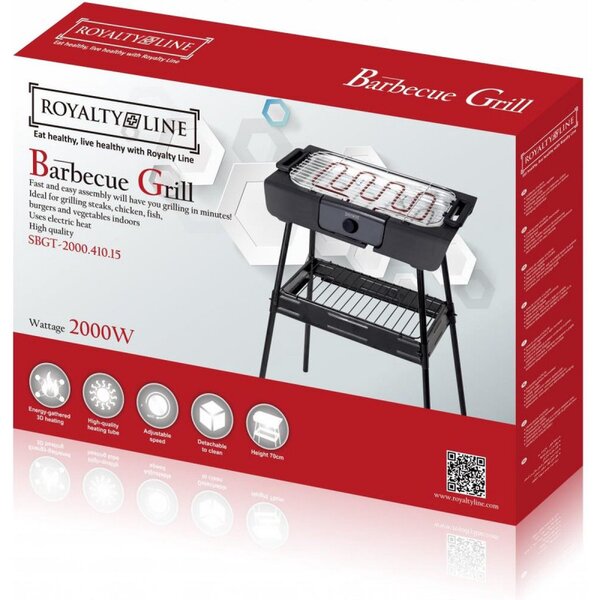 Електрическа скара Royalty Line RL-SBGT2000, 2000W, 38х28 см, Сгъваема стойка, 200C, Термостат, Тава за отцеждане, Черен