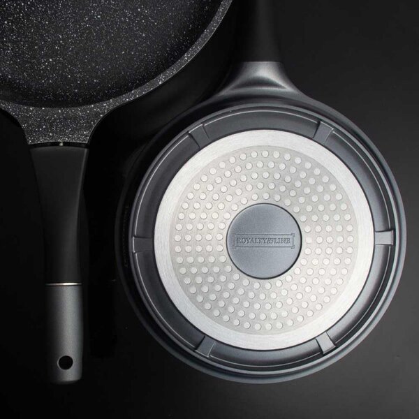 Комплект тенджери и тигани Royalty Line RL-ES1014M Silver, Лят алуминий, 14 части, Мраморно покритие, Сребрист