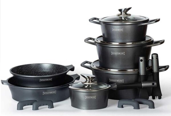 Комплект тенджери и тигани Royalty Line RL-ES1014M Silver, Лят алуминий, 14 части, Мраморно покритие, Сребрист