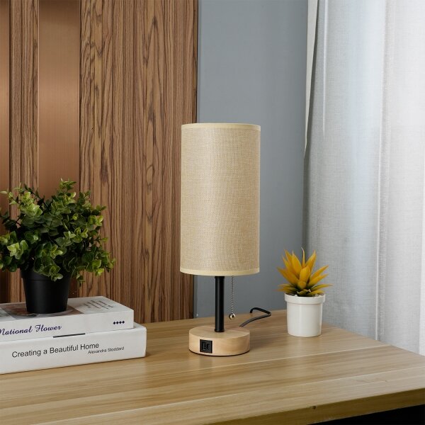 Brilagi - Настолна лампа с USB порт TABLON 1xE27/25W/230V дъб/черно/бежово