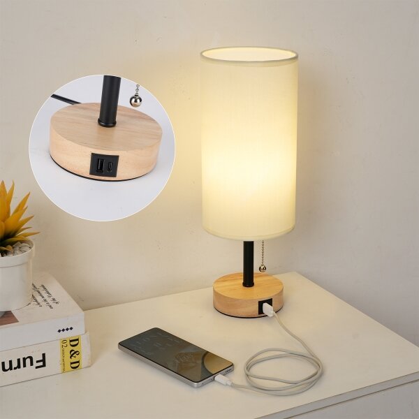 Brilagi - Настолна лампа с USB порт TABLON 1xE27/25W/230V дъб/черен/крем