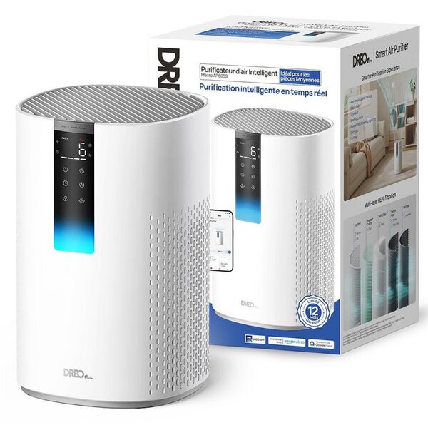 Пречиствател за въздух DREO Macro 605S, 20 м2, 202 м3/ч, Wi-Fi, 4 скорости, Нощен+Автоматичен режим, Таймер, Детска защита, LED индикатори за качество на въздуха, Бял
