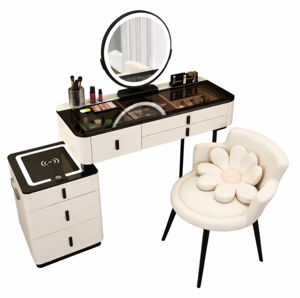 Комплект ISABELLA & ROSALIE – тоалетка за грим с LED огледало и удобен стол, 100x40x120 см