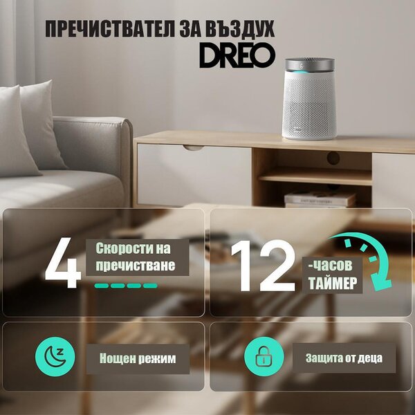 Пречиствател за въздух DREO Macro 6060, 17 м2, 173 м3/ч, 4 скорости, Нощен+Автоматичен режим, Таймер, Детска защита, LED индикатори за качество на въздуха, Бял