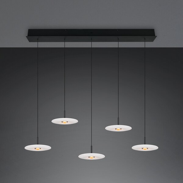 Trio Lighting LED висяща лампа „Sirena“, бяла, дължина 104 см, стъкло, CCT, 5-лампова, Затъмняване, Бял, Дневна/трапезария, Стъкло