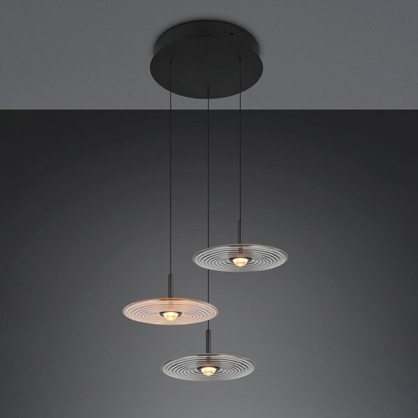 Trio Lighting LED висяща лампа „Sirena“ – черна/кехлибарена/димна, Ø 41 см, стъкло, 3-лампова, Затъмняване, Бежов, Дневна/трапезария, Стъкло