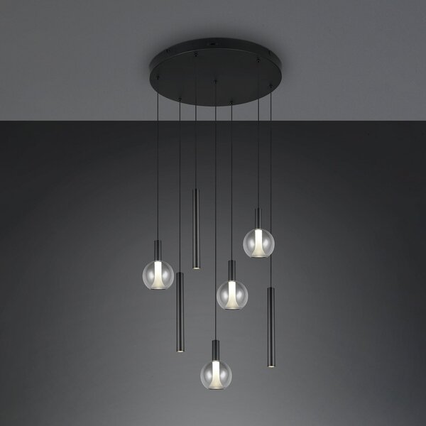 Trio Lighting LED висяща лампа „Меларо“, Ø 59 см, черна, метал/стъкло, CCT, 7-лампова, Затъмняване, Черен, Дневна/трапезария, Метал