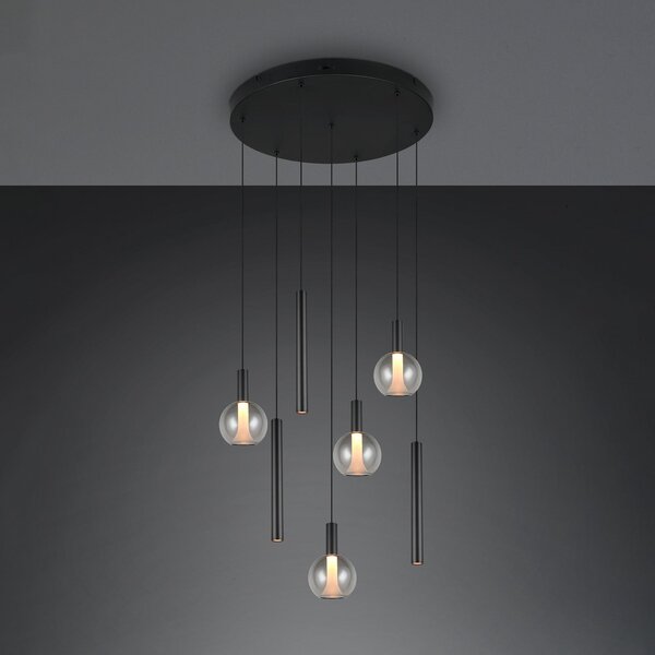 Trio Lighting LED висяща лампа „Меларо“, Ø 59 см, черна, метал/стъкло, CCT, 7-лампова, Затъмняване, Черен, Дневна/трапезария, Метал