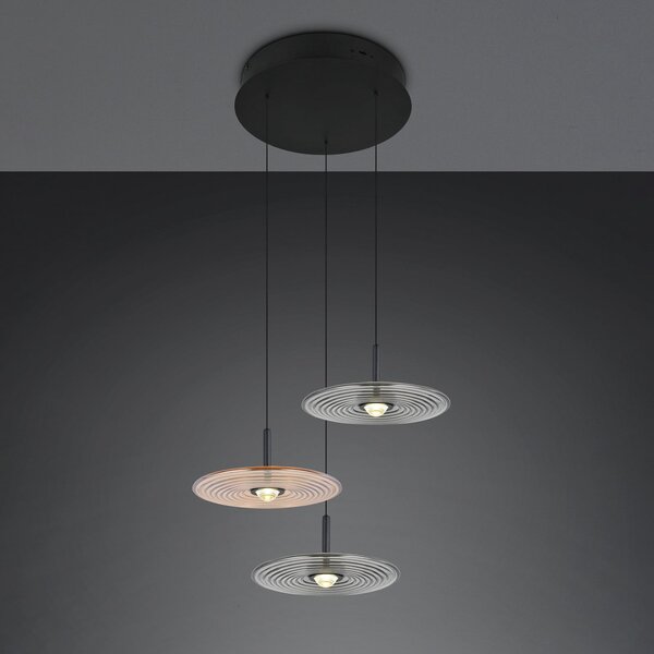 Trio Lighting LED висяща лампа „Sirena“ – черна/кехлибарена/димна, Ø 41 см, стъкло, 3-лампова, Затъмняване, Бежов, Дневна/трапезария, Стъкло
