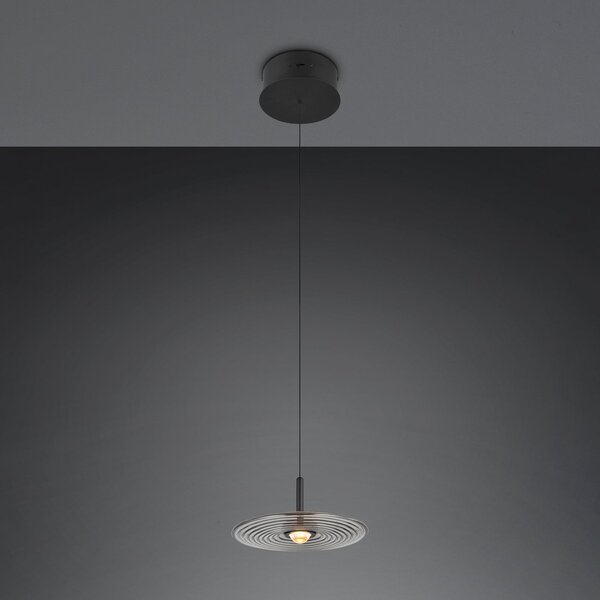 Trio Lighting LED висяща лампа „Sirena“, черна/димно сива, Ø 20 см, стъкло, CCT, Затъмняване, Сив, Дневна/трапезария, Стъкло