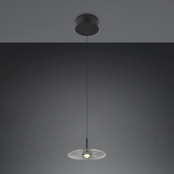 Trio Lighting LED висяща лампа „Sirena“, черна/димно сива, Ø 20 см, стъкло, CCT, Затъмняване, Сив, Дневна/трапезария, Стъкло