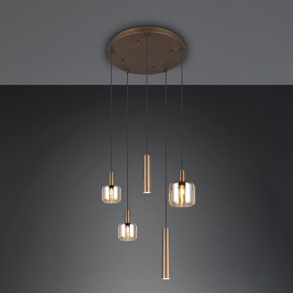 Trio Lighting Висяща лампа „Матаро“, бежова, Ø 55 см, с 5 лампи, стъкло/метал, Затъмняване, Бежов, Дневна/трапезария, Стъкло, Модерен
