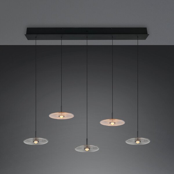 Trio Lighting LED висяща лампа „Sirena“ – черна/кехлибарена/димна, 104 см, стъкло, 5-лампова, Затъмняване, Бежов, Дневна/трапезария, Стъкло