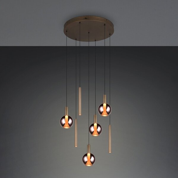 Trio Lighting LED висяща лампа „Меларо“, Ø 59 см, платинен цвят, метал/стъкло, CCT, 7-лампова, Затъмняване, Металик, Дневна/трапезария, Метал