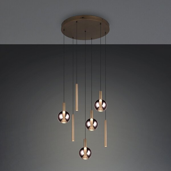 Trio Lighting LED висяща лампа „Меларо“, Ø 59 см, платинен цвят, метал/стъкло, CCT, 7-лампова, Затъмняване, Металик, Дневна/трапезария, Метал