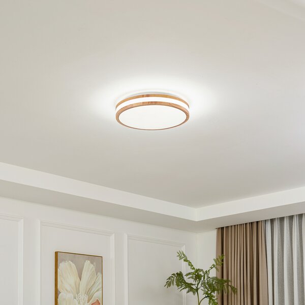 Lindby LED таванна лампа Emiva, Ø 40 см, светло дърво, CCT, Дърво, Дневна/трапезария, Дървесина, Модерен