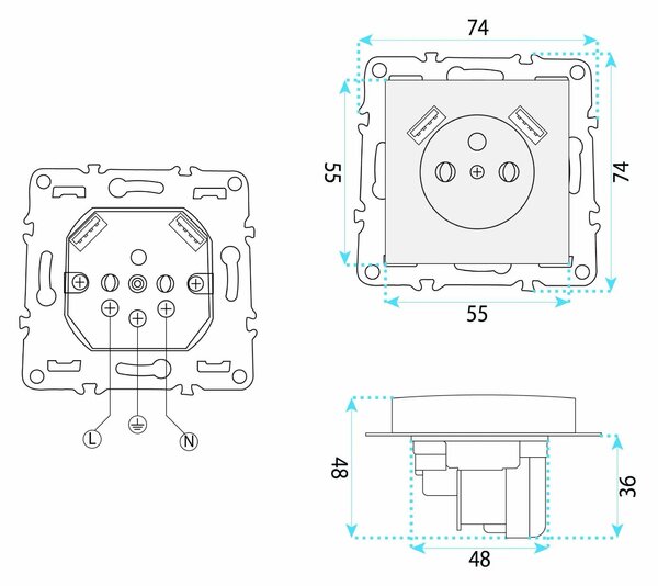 Единичен контакт със заземяване + 2x USB-A OSTE JNH003-G Beige
