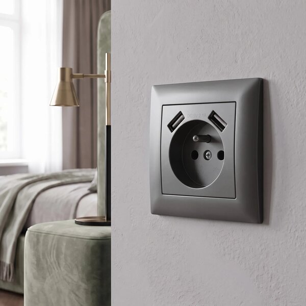 Единичен контакт със заземяване + 2x USB-A OSTE JNH003-G Grey