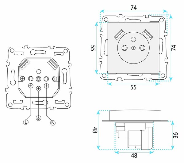Единичен контакт със заземяване + 2x USB-A OSTE JNH003-G Grey