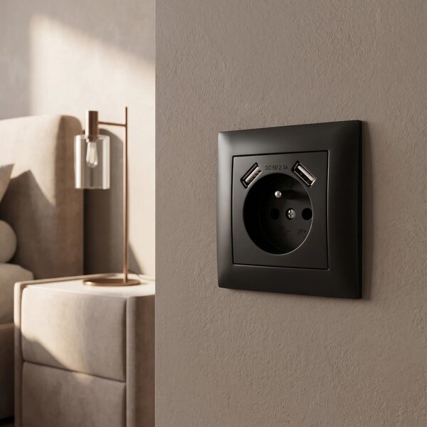 Единичен контакт със заземяване + 2x USB-A OSTE JNH003-G Black