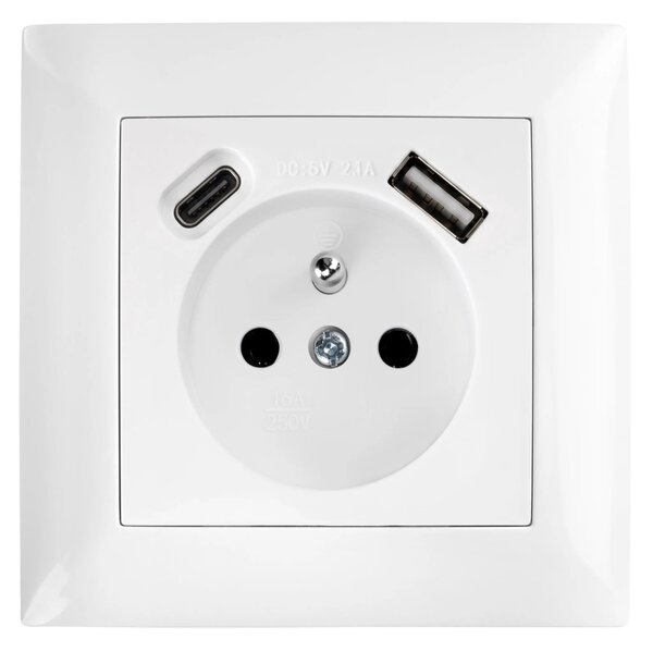 Единичен контакт със заземяване + USB-A USB-C OSTE JNH004-G White
