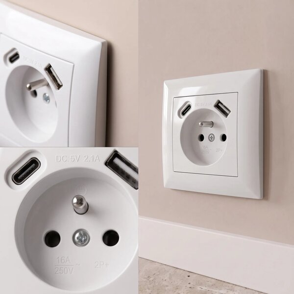 Единичен контакт със заземяване + USB-A USB-C OSTE JNH004-G White
