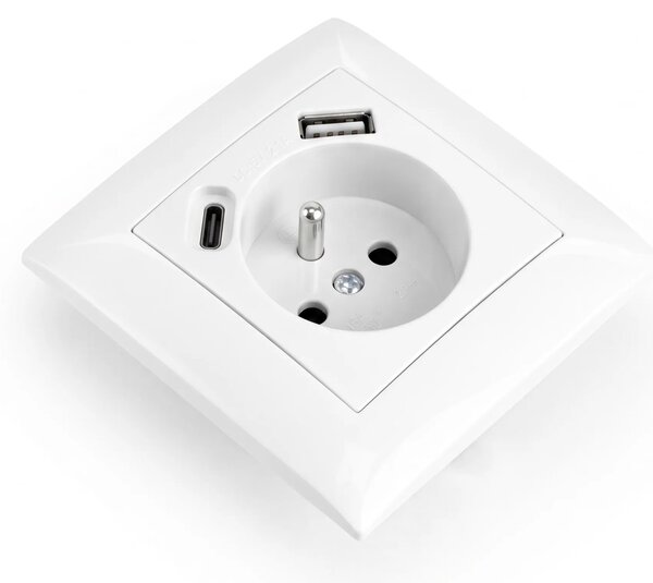 Единичен контакт със заземяване + USB-A USB-C OSTE JNH004-G White