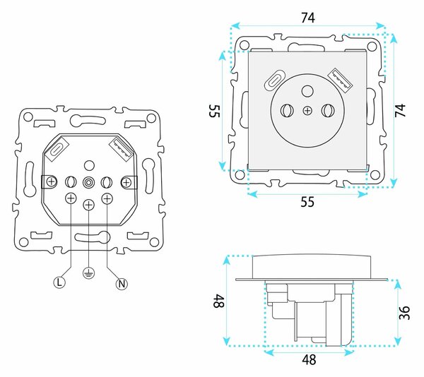Единичен контакт със заземяване + USB-A USB-C OSTE JNH004-G White
