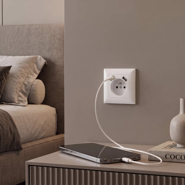 Единичен контакт със заземяване + USB-A USB-C OSTE JNH004-G White