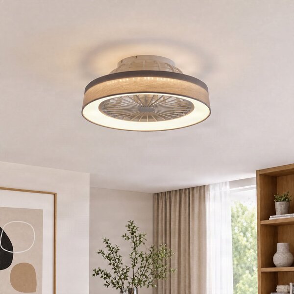 Lindby LED тавански вентилатор Mace, сив, Ø 47 см, безшумен, CCT, Затъмняване, Дневна/трапезария, Пластмаса, Модерен