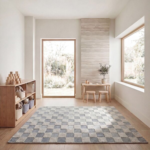 Син килим със смес от памук подходящ за пране 116x170 cm Muted Checkerboard – Flair Rugs