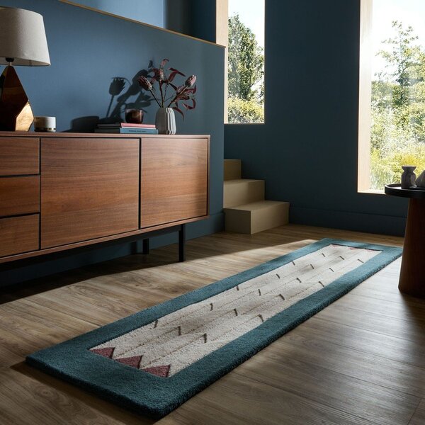 Ръчно изработена вълнена пътека в естествен цвят/тюркоазена 60x230 cm Apex Border Wool – Flair Rugs