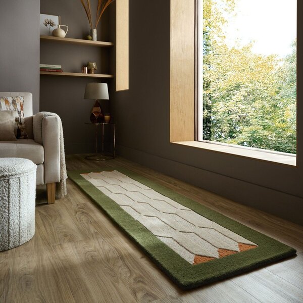 Зелена/в естествен цвят ръчно изработена вълнена пътека 60x230 cm Apex Border Wool – Flair Rugs