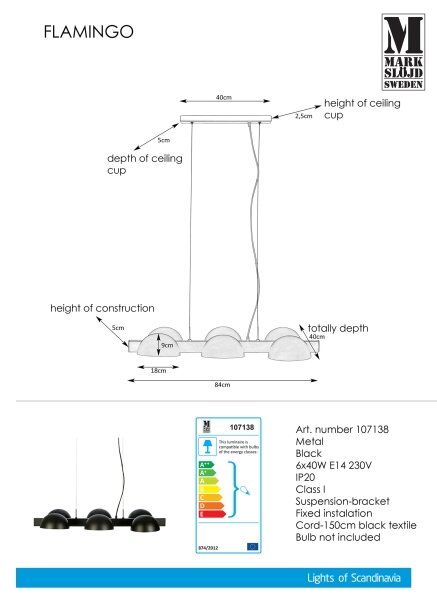 Markslöjd 107138 - Полилей на верижка FLAMINGO 6xE14/40W/230V черна