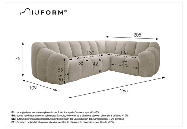 Сив ъглов диван (десен ъгъл/L форма) Shell – Miuform