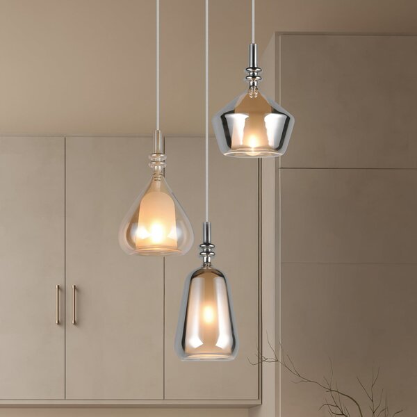 Trio Lighting Висяща лампа Aldea, Ø 28 cm, бяла/кехлибар/хром, стъкло, 3-крилна., Затъмняване, Бежов, Дневна/трапезария, Стъкло