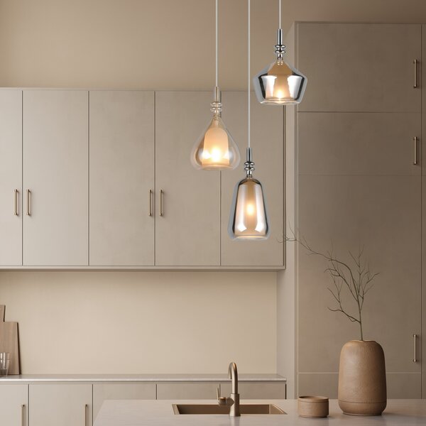 Trio Lighting Висяща лампа Aldea, Ø 28 cm, бяла/кехлибар/хром, стъкло, 3-крилна., Затъмняване, Бежов, Дневна/трапезария, Стъкло