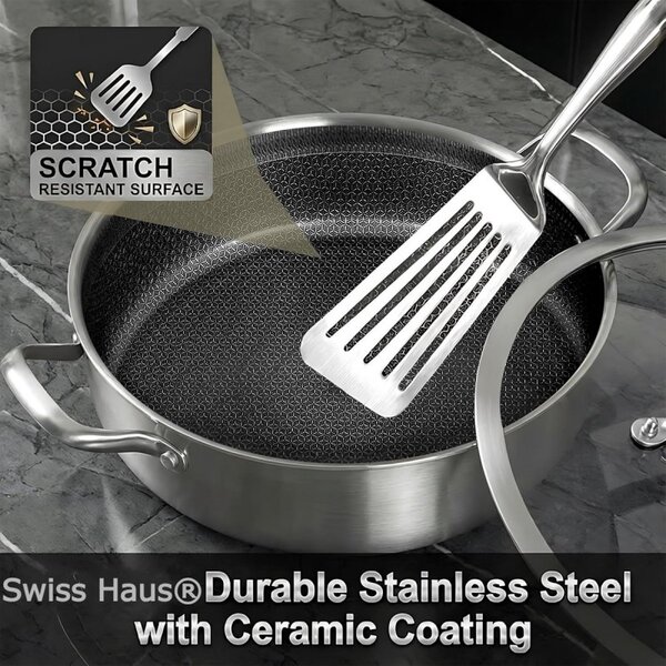 Плитка тенджера Swiss Haus SH-ZGLC28, 28 см, 4.5 л, Sapphire-керамично покритие, Стъклен капак, Фурна до 260C, Индукция, Сребрист