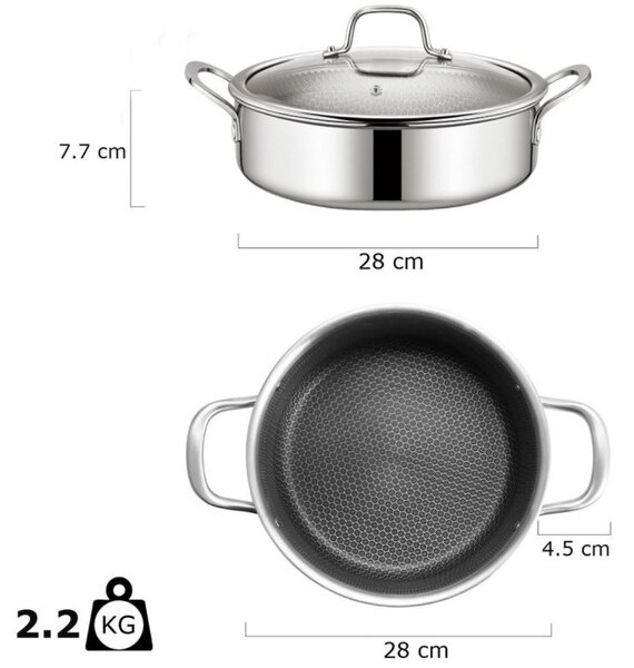Плитка тенджера Swiss Haus SH-ZGLC28, 28 см, 4.5 л, Sapphire-керамично покритие, Стъклен капак, Фурна до 260C, Индукция, Сребрист