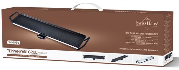 Тепаняки скара Swiss Haus SH-TP90, 2000W, 90х23 см, Керамично покритие, Подвижни части, Температурен контрол, Черен